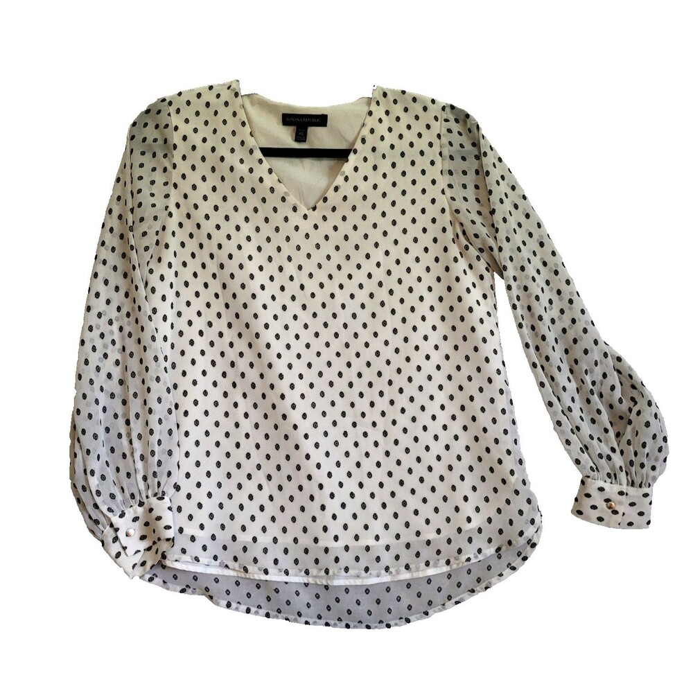 banana Republic V-neck Blouse PS White Ikat Dots Semi Sheer Lined Chiffon